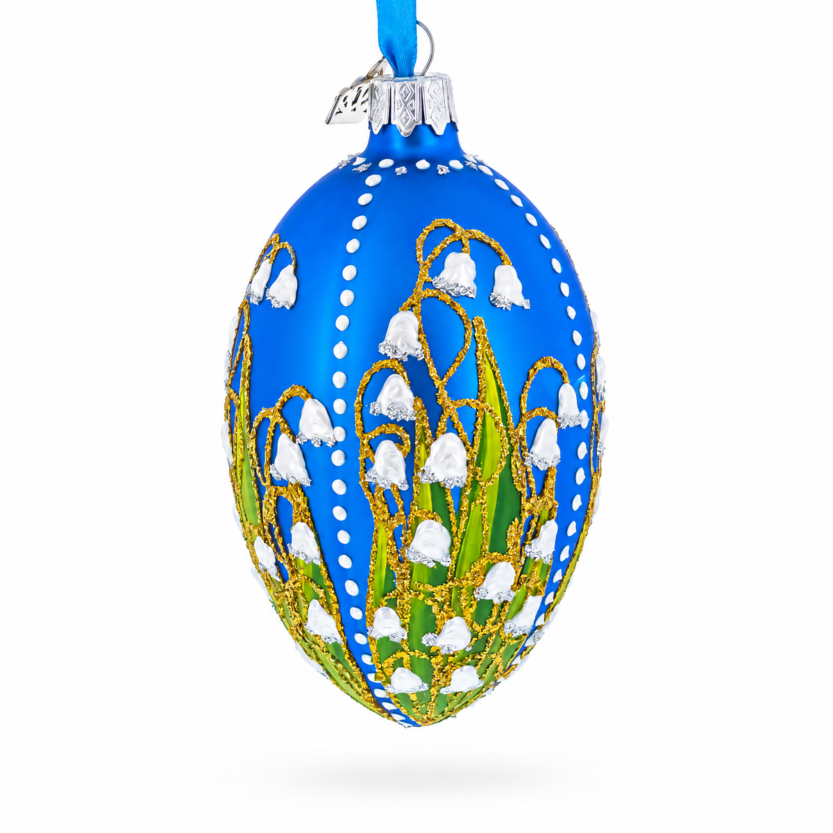 1898 Lilies of the Valley Royal in Blue Egg Glass Egg Christmas Ornament 4 Inches