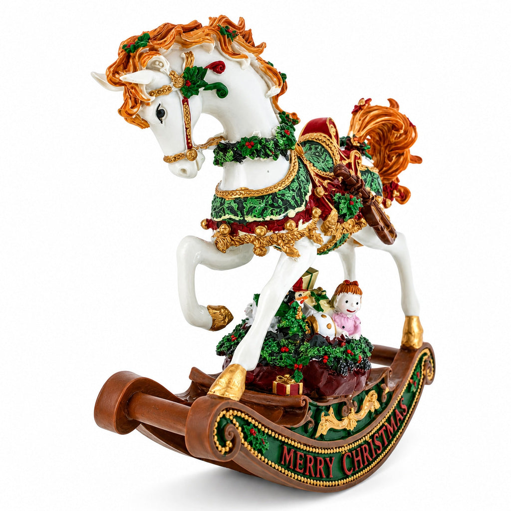 Christmas Horse Musical Figurine Resin Wind Up Holiday Decor 8 Inch