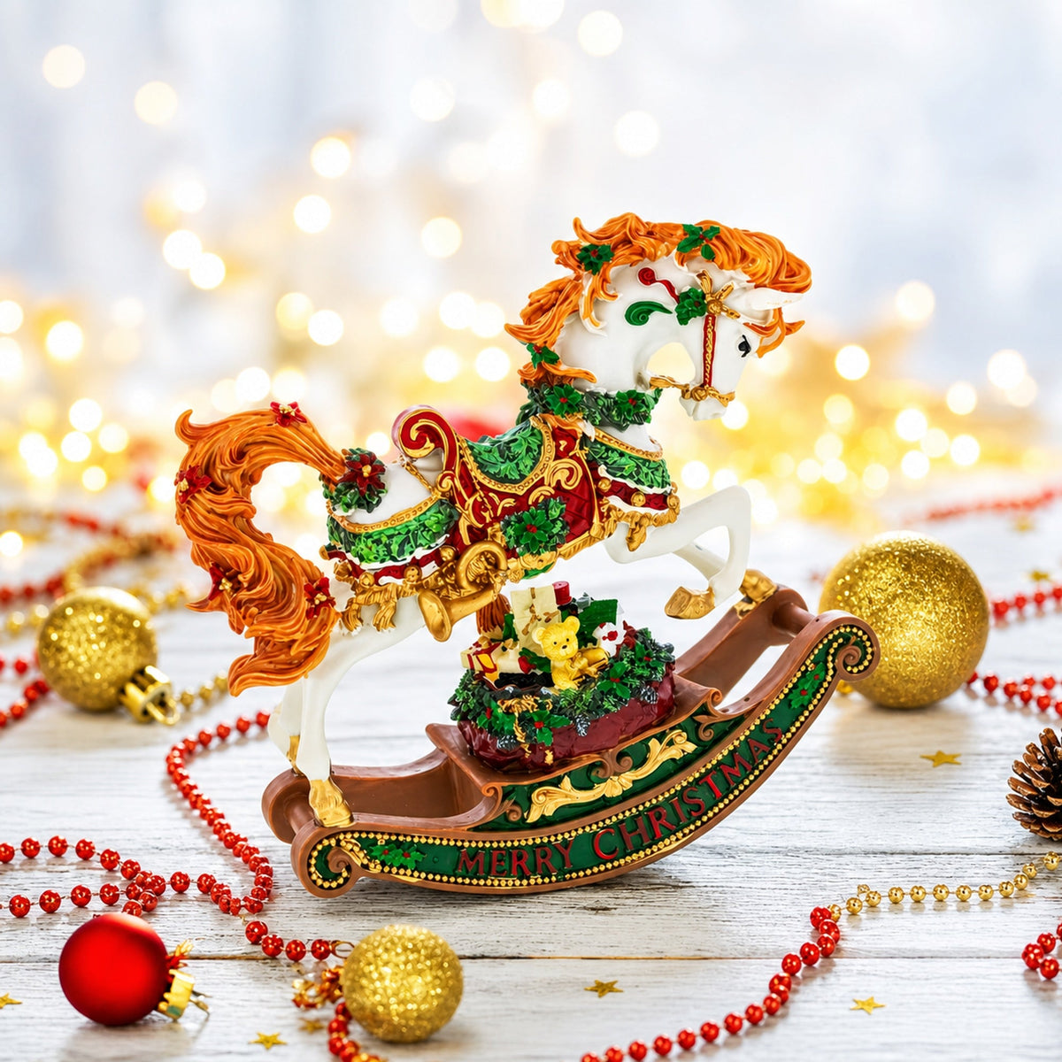 Christmas Horse Musical Figurine Resin Wind Up Holiday Decor 8 Inch