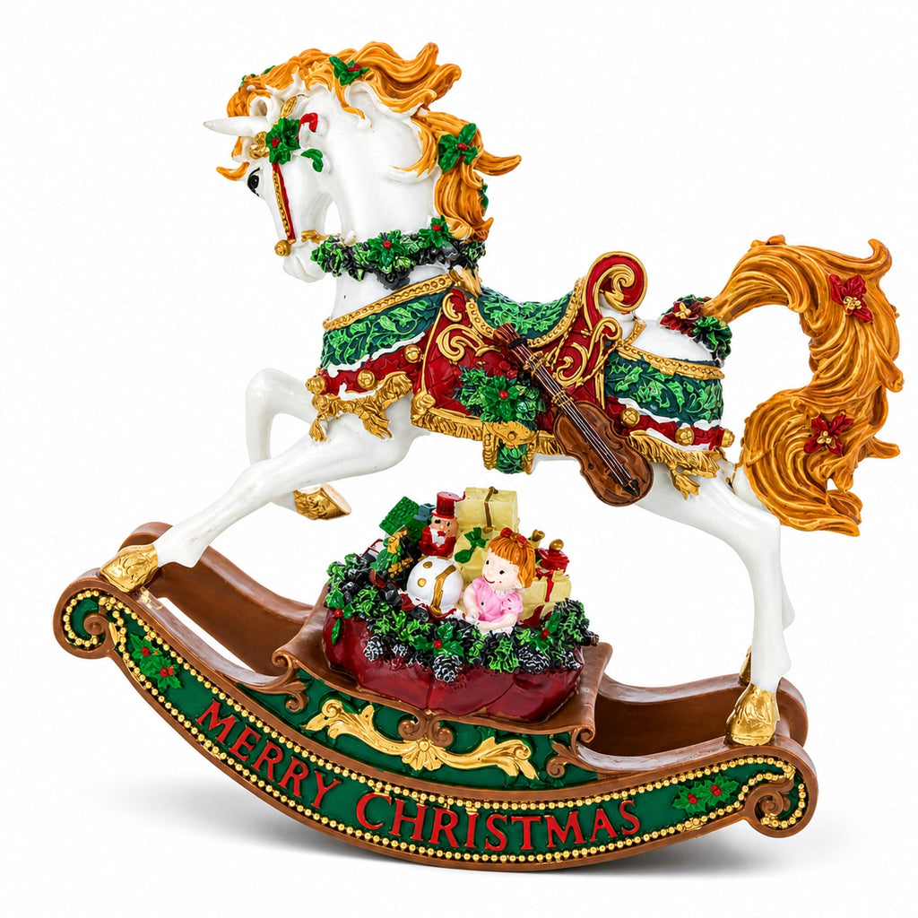 Christmas Horse Musical Figurine Resin Wind Up Holiday Decor 8 Inch