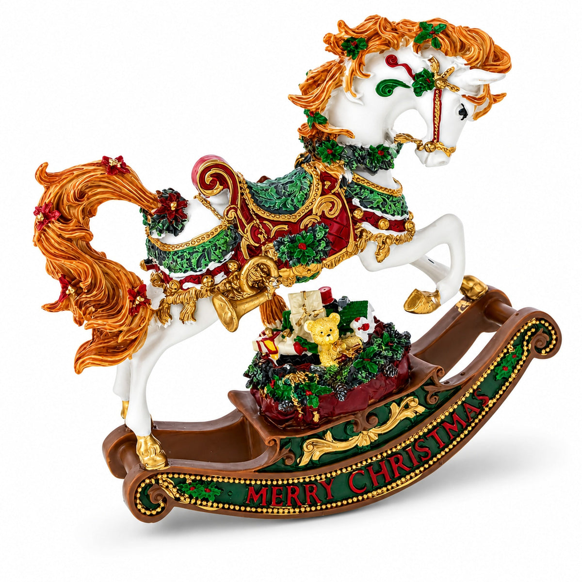 Christmas Horse Musical Figurine Resin Wind Up Holiday Decor 8 Inch