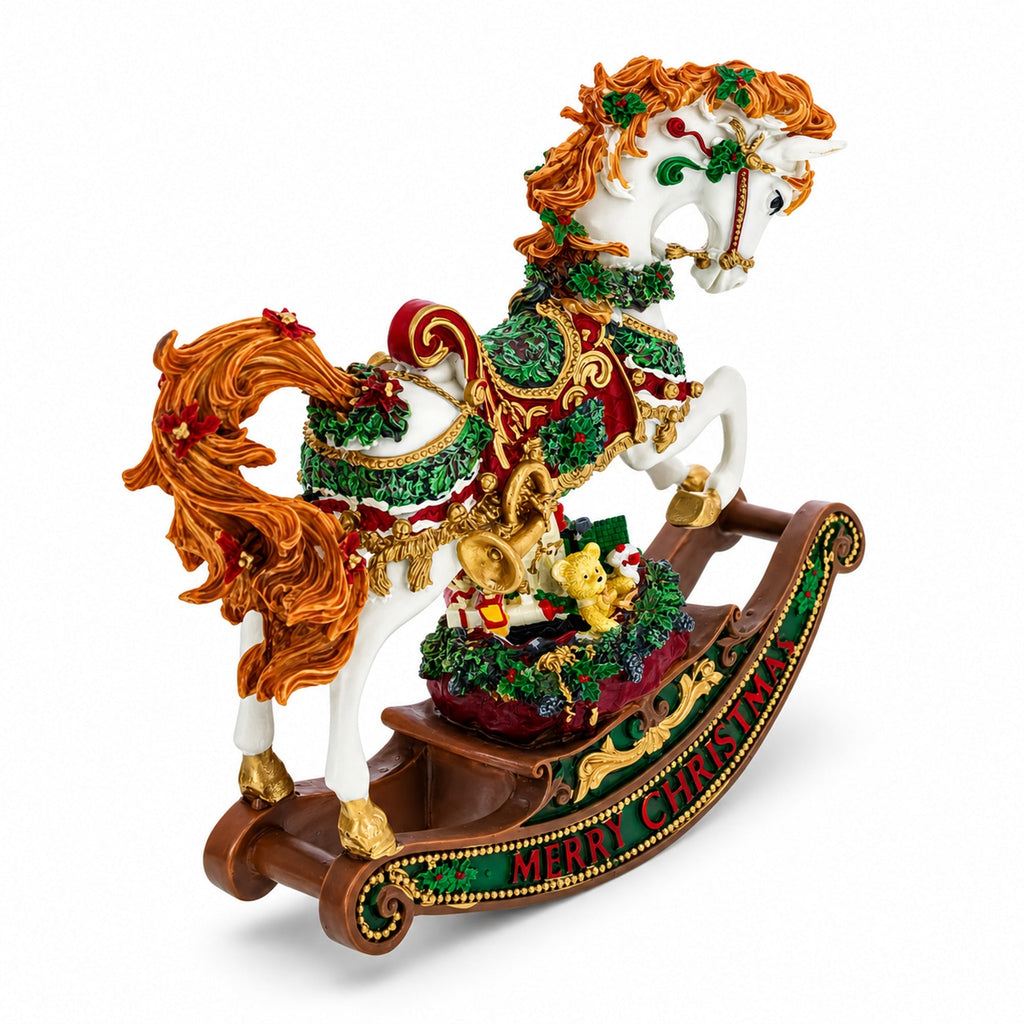 Christmas Horse Musical Figurine Resin Wind Up Holiday Decor 8 Inch