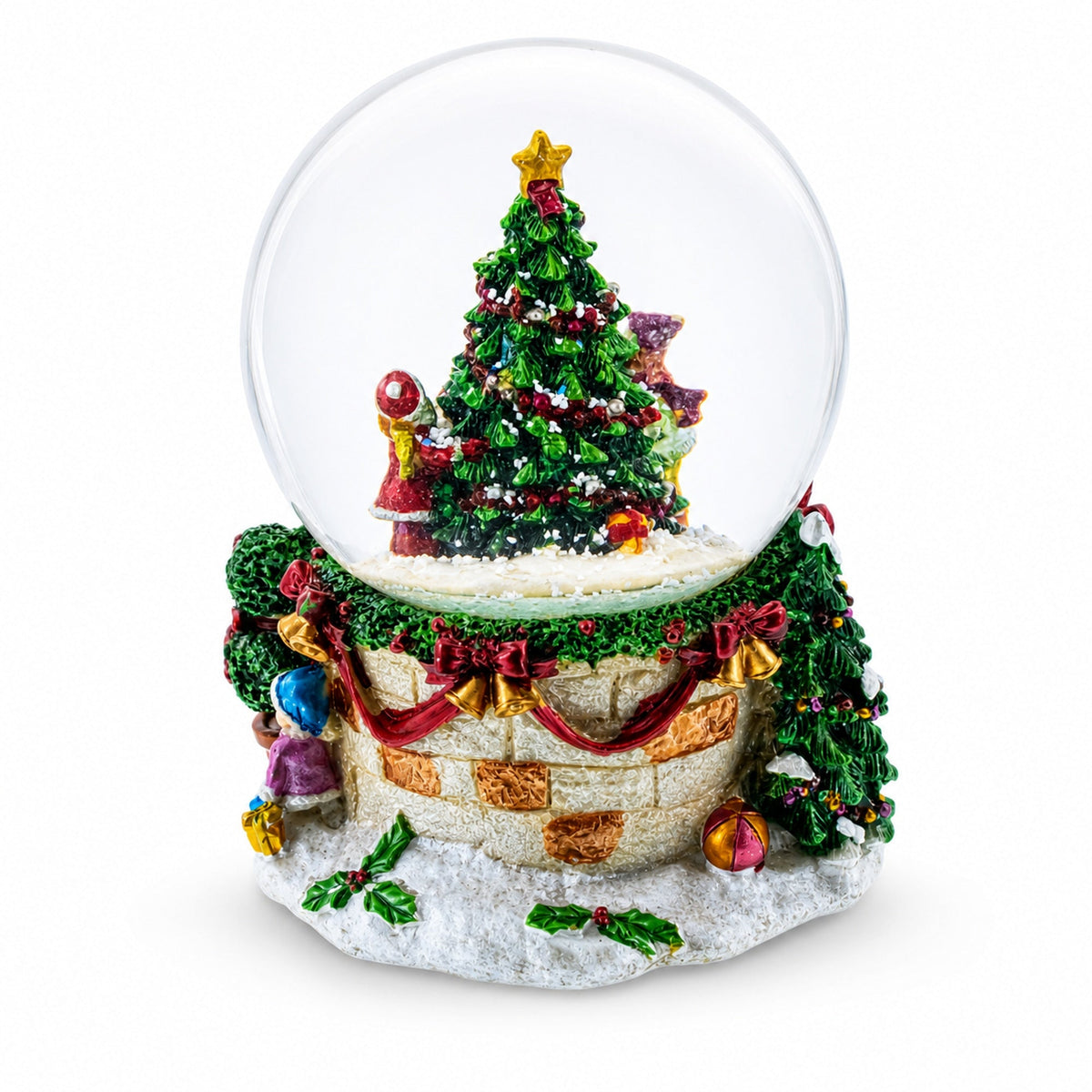 Joyful Children Adorning Christmas Tree: Musical Water Snow Globe