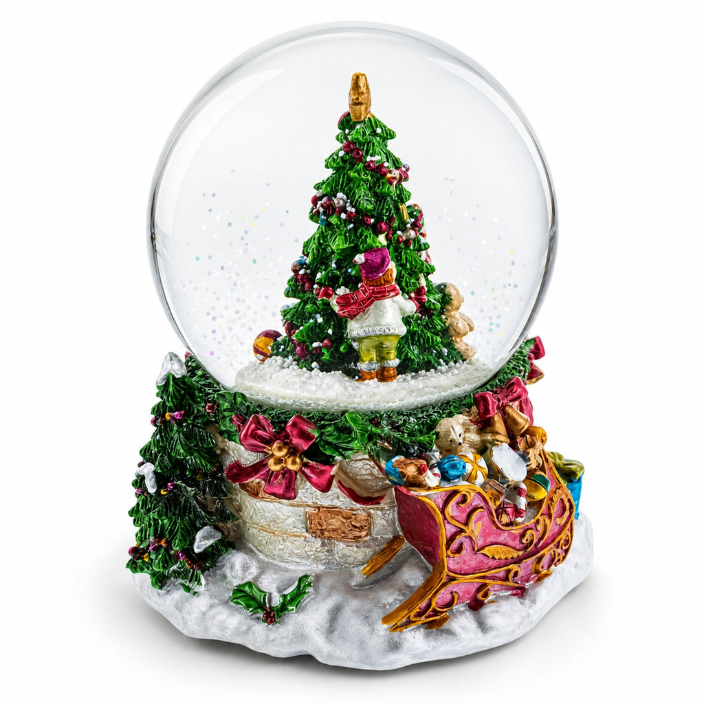 Joyful Children Adorning Christmas Tree: Musical Water Snow Globe